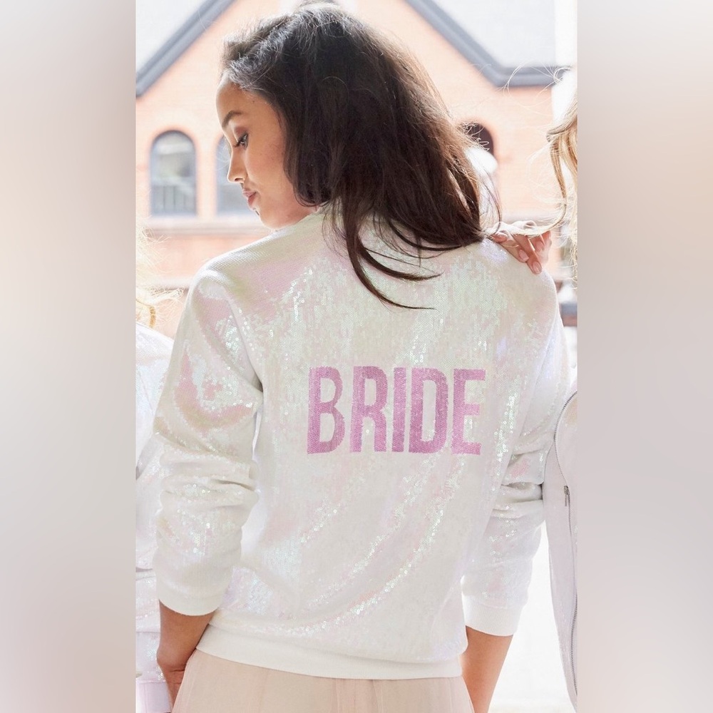 HAYLEY PAIGE ATHLEISURE BOMBER JACKET iridescent sequin Cheval JLM couture bride